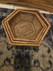 Vintage Set Of 3 Nesting Brown Woven Wicker Rattan Baskets Hexagonal Farmhouse