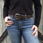 Western Tooled Leather Belt - Turquoise Dot Accents Removable Buckle