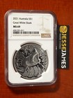 2021  1 Australia Silver Great White Shark Ngc Ms69 Brown Label 1 Oz  999 Fine