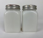 Vintage Mckee Milk Glass Salt Pepper Shakers With Dutch Boy And Girl Worn faded
