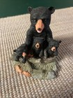 Black Bear Family Figurine Carving Resin Cubs Lake Home Cabin Rustic Lodge Decor