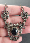 Victorian Art Nouveau Ornate Black Cabochon Floral Necklace 17   Read Please