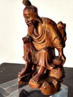 Antique Vintage Chinese Hand Carved Wood Fisherman Figurine Statue Old Man Fish