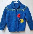 Kids Vintage 1960 Blue Hand Knit Pacman Sweater Knitted Handmade Zipper