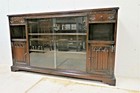 Vintage English Wood Bookcase - Wooden Carved Dark Oak With Sliding Glass Doors