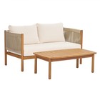 Outdoor Loveseat And Coffee Table Set  Acacia Wood Frame  Teak Look  Beige Rope