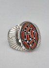 Vtg Navajo Sterling Silver Mediterranean Coral Stamped Cluster Cuff Bracelet 46g