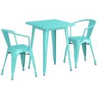 23 5   Square Seafoam Metal Restaurant Table Set With 2 Armchairs For Outdoor