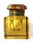 Antique-amber-cut Glass-square-inkwell-brass Collar   Lid-see All Pictures