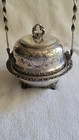 Victorian Silverplate Biscuit Jar W Swing Handle   Glass Liner Ornate Footed