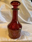 Vintage Decanter Red Cranberry Cut To Clear Glass With Stopper 