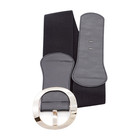 Women Black Faux Leather Wide Elastic Belt Silver Round Metal Buckle Fit Size S