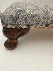 Vintage Wooden Footstool Padded Blue Paisley Upholstery Carved Legs
