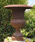 Antique Pair Of 36    Tall Large Cast Iron Outdoor Garden Planters Urns Set Of 2