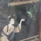 Vintage Chinese Hand Painted Wooden Framed Reverse Glass Geisha   Bird Painting