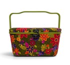 Nos Vintage 60s 70s Retro Floral Sewing Box Basket Wood Handle Tray Pin Cushion