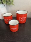 Set Of Three Vintage Red Enamel Christmas Decor Storage Candy Buckets 