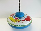 Vintage Small Spinning Top Tin Litho Dogs Red Yellow Blue W Wood Knob    12315