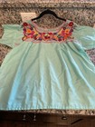 Hand Embroidered Cotton Top Mexico Guatemala Huipil Sea Green Multi Flower 1x