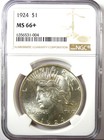 1924 Peace Silver Dollar  1 - Certified Ngc Ms66  Plus Grade -  1 350 Value 