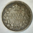 1911 Five Cent Canada Silver Coin Circulated 5c Canadian 5 Cents