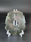 Antique Chinese Carving Jade Yue Inlaid Turquoise Tooth Design Jade Axe Qi       