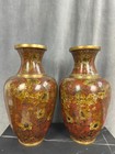 Large Pair Chinese Cloisonn   Enamel Vases Black Ground Floral Motif 15in Vintage