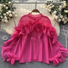 Lady Mesh Lace Top Ruffled T-shirts Floral Blouse Puff Sleeve Sheer Shirt Party
