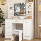 Makeup Dressing Table Vanity Desk Set With Led Mirror And Stool 7 Drawer Shelves