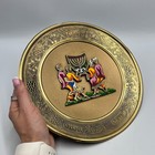 Vintage Israel Judaica Brass Enamel Plate Menorah   Figures Design  351 G