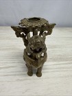 Vintage Asian Foo Dog Temple Guardian Brass Candle Holder Unpolished