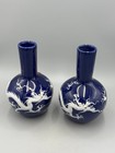 Pair Of Antique Chinese Sacrificial Blue Glaze Vases With White Relief Dragon