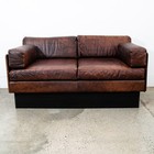 Mid Century Modern Sofa Couch Settee Brown Leather 70s 80s Platform Black 2 Seat