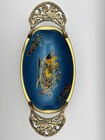 Vintage Israel Judaica Enameled Brass Bowl Blue Oval Shape 1950s