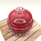 Antique Victorian Hand Blown Glass Powder Jar Cranberry Vanity Box Crack