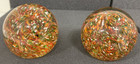 2 Vintage Mid Century Art Glass Paperweights Orange Green Red White Speckled