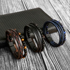 Men s Layered Braided Leather Beaded Bracelet With Tiger Eye  Natural Stone