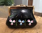 Vintage Redware Coin Bank Black Gold Floral Purse Shaped Pin Money 50 s No Plug