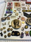 Junk Drawer Lot Vintage Military Pins Patches Baseball Cards Stamps Buckle Knife