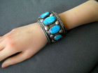Native American Navajo Birds Eye Turquoise Row Sterling Silver Cuff Bracelet 83g