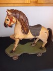 Antique Pull Toy Horse Leather W wheels   Wooden Base Primitive Equestrian