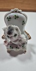 Cute Mcm Sugared Cat Figurine Sugar Trim White   Grey Kitty On Holly Throne Vtg