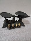 Small 4 5  Vintage Antique Black Cast Iron Balance Scale With 4  Weights