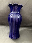 Beautiful Cobalt Blue Glass Floral Vase  Scalloped Rim W gold Trim  8x3 5     Euc