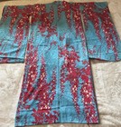 Vintage   Rare Japanese Hitoe Furside Kimono Turquoise Blue   Red Floral See Des