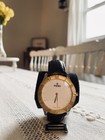 Fendi 2000g Men   s Quartz Watch White Logo Dial Gold Bezel Black Leather