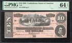 T-68 1864  10 Confederate Currency Pmg 64 Epq Civil War Ten Dollar Bill 23830