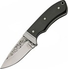 Hunting Knife   2 5in Etched Blade Black Wood Handle Full Tang   Leather Sheath