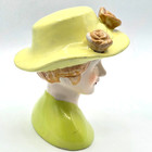 Vintage Ceramic Lady Head Figurine Chartreuse With Flower Hat 5 3 4  Tall