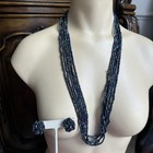 Vtg Boho Necklace 30 Inch W Earrings Set Blue Iridescent Multi Strand Glass Bead